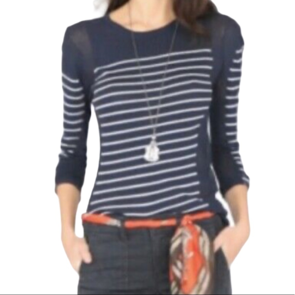 CAbi Regiment Stripe Navy L/S Sweater Scoop Neck